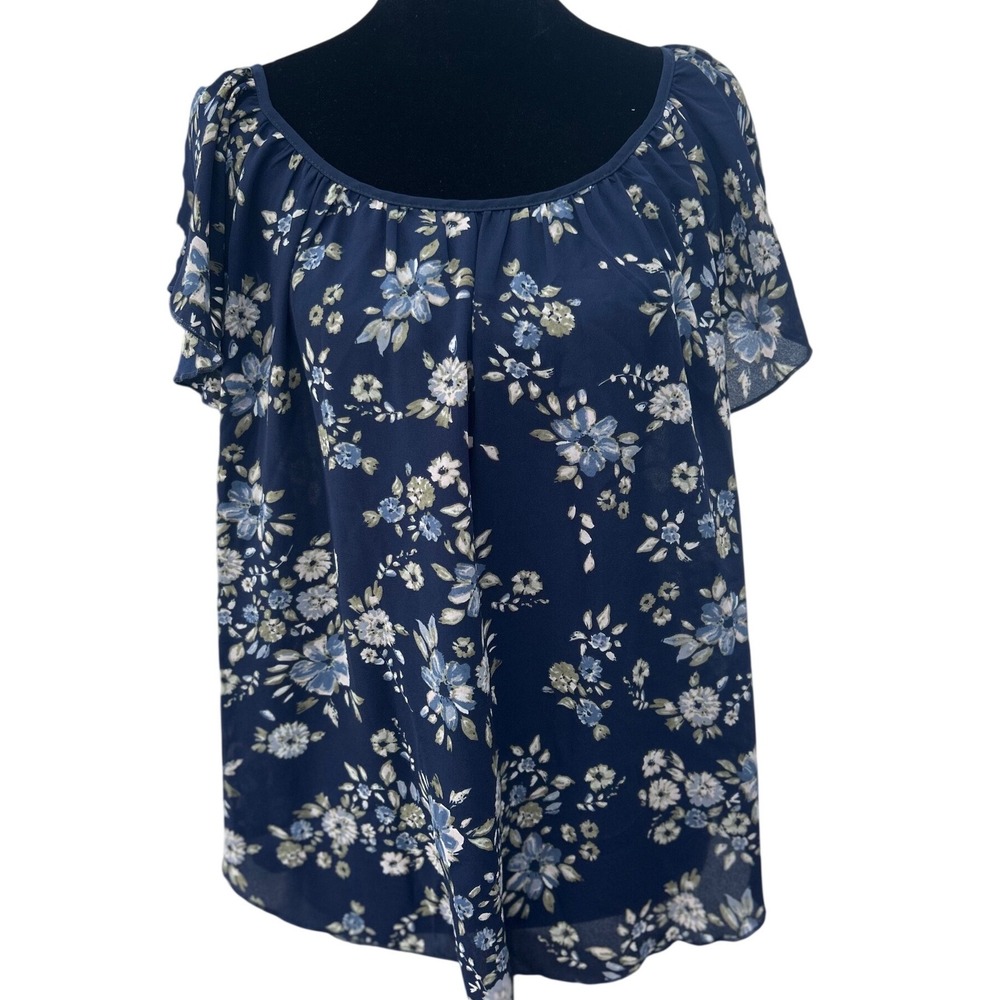 Philosophy Republic Clothing Navy Blue Floral Flutter Sleeve Blouse Medium
